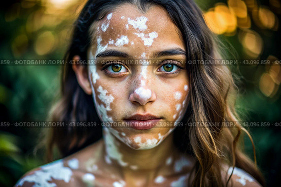 Leukoderma. Vitiligo. Violation of skin pigmentation. Large white spots all over the body and face. Portrait of a beautiful girl with a skin disease. Стоковое AI-изображение, AI-художник Photojuli / Фотобанк Лори