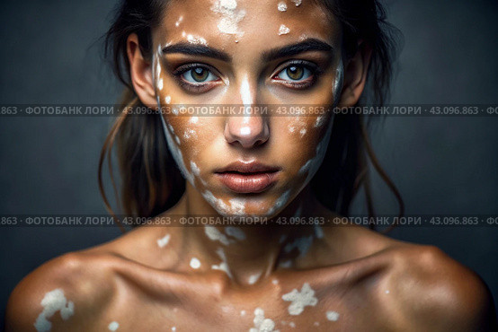 Leukoderma. Vitiligo. Violation of skin pigmentation. Large white spots all over the body and face. Portrait of a beautiful girl with a skin disease. Стоковое AI-изображение, AI-художник Photojuli / Фотобанк Лори