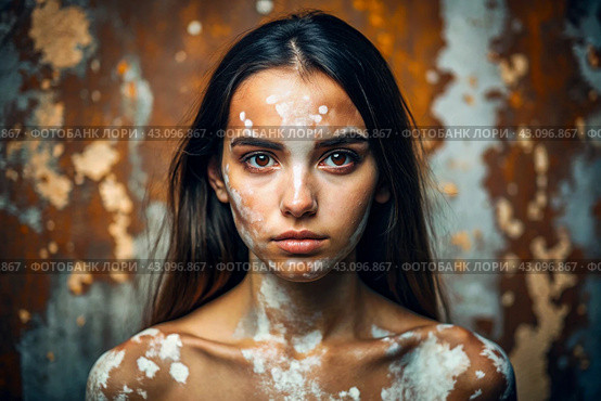 Leukoderma. Vitiligo. Violation of skin pigmentation. Large white spots all over the body and face. Portrait of a beautiful girl with a skin disease. Стоковое AI-изображение, AI-художник Photojuli / Фотобанк Лори