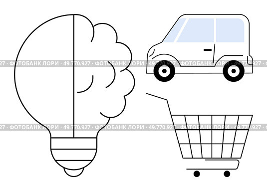 Light bulb represents ideas, car symbolizes movement and travel, shopping cart indicates commerce activities. Ideal for business, innovation, transportation, shopping, and strategy. Minimalist. Simple Creativity and Productivity Concept with Bulb, Car, and Shopping Cart. Стоковая иллюстрация, агентство Ingram Publishing / Фотобанк Лори