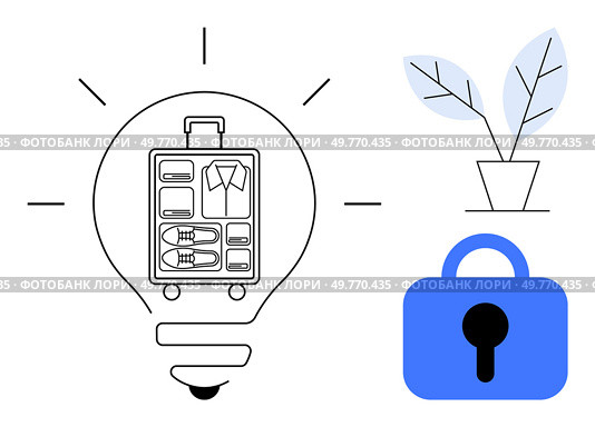 Light bulb with an open suitcase inside, emphasizing packing and organization. Blue padlock and potted plant add layers of security and simplicity. Ideal for travel tips, security, minimalism. Conceptual Representation of Travel Packing and Security with Minimalist Design Elements. Стоковая иллюстрация, агентство Ingram Publishing / Фотобанк Лори