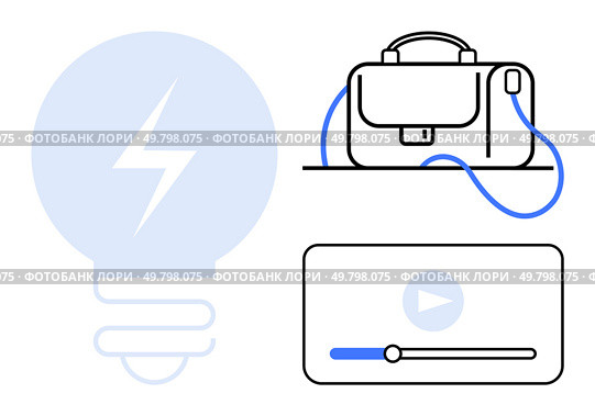 Light bulb with lightning bolt, professional briefcase with a strap, and video player with play button and progress bar. Ideal for productivity, technology, business, education, media, innovation. Professional Workflow Enhancement with Briefcase, Streaming Video, and Light Bulb Symbol. Стоковая иллюстрация, агентство Ingram Publishing / Фотобанк Лори