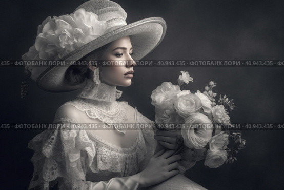 Light monochrome modern beautiful woman in 1910s fashion style with hourglass waist, voluminous skirt and wide hat decorated with flowers and veil.  Generative AI. Стоковое AI-изображение, AI-художник Анна Кривицкая / Фотобанк Лори