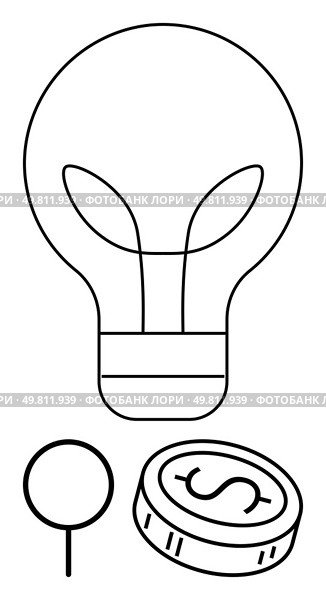 Lightbulb with leaf filament, dollar coin, and a pin. Ideal for business innovation, finance, start-up ideas, growth strategies, economy investments creative thinking themes. Line metaphor. Minimalist Lightbulb Design with Money Coin and Pin Symbolizing Financial Ideas and Innovation. Стоковая иллюстрация, агентство Ingram Publishing / Фотобанк Лори