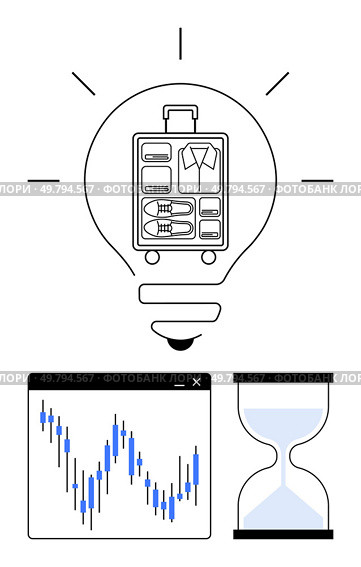 Lightbulb with suitcase, declining line graph, and hourglass representing planning, strategy, and time management. Ideal for business presentations, project planning, investment strategies. Concept of Planning and Time Management for Business Solutions with Graph, Suitcase, Hourglass. Стоковая иллюстрация, агентство Ingram Publishing / Фотобанк Лори