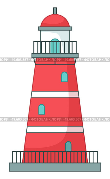 Lighthouse icon isolated at white, navigation building for ships, cartoon vector red lighthouse, beacon s tower with balcony, windows and spire, high building, watchtower, maritime concept, isolated. Lighthouse icon isolated at white, navigation building for ships, cartoon vector red lighthouse. Стоковая иллюстрация, агентство Ingram Publishing / Фотобанк Лори