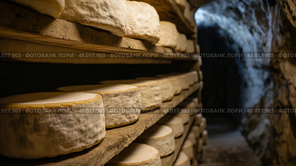 Limestone cheese cave with aging wheels in a natural setting. В известняковой пещере на полках стоят колеса сыра, созревающие в идеальных условиях. Прохладная, темная среда способствует развитию вкуса ремесленных сыров с течением времени. Стоковое AI-изображение, AI-художник Katsiaryna Repich / Фотобанк Лори
