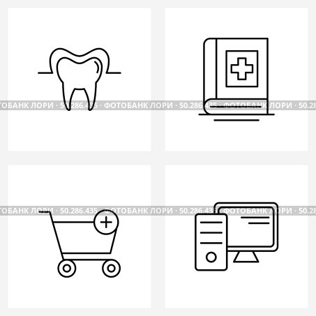 Line Icon Set of 4 Modern Symbols of tooth, cart, health, medicine, plus Vector Illustration. Стоковая иллюстрация, агентство Ingram Publishing / Фотобанк Лори