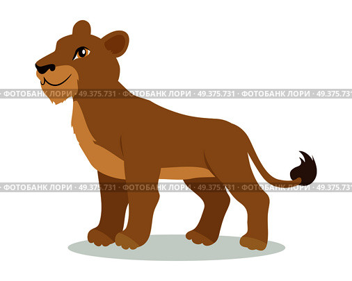 Lioness or lion cub cartoon character. Adult lion female flat vector isolated on white. African fauna. Wild animal illustration for zoo ad, nature concept, children book illustrating. Lioness or Lion Cub Cartoon Icon in Flat Design. Стоковая иллюстрация, агентство Ingram Publishing / Фотобанк Лори