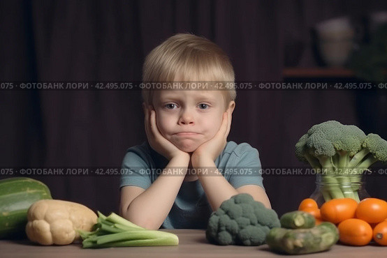 Little boy expressing disgust to healthy food. Generate ai. Стоковое AI-изображение, AI-художник Иван Рябоконь / Фотобанк Лори