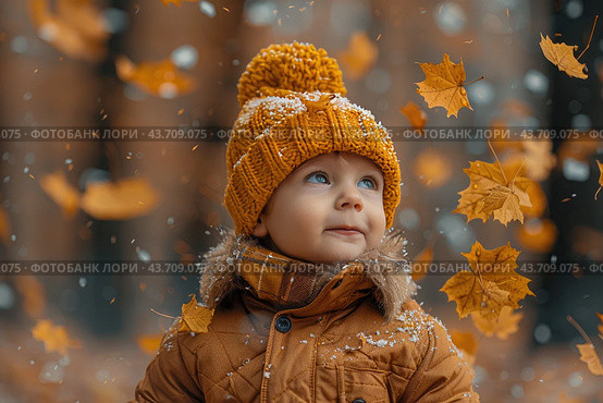 Little boy having fun during stroll in the forest at sunny autumn day. Child playing maple leaves. Baby tossing the leaves up. Active family time on nature. Hiking with little kids. Dry leaves rustle. Стоковое AI-изображение, AI-художник Ирина Михайличенко / Фотобанк Лори
