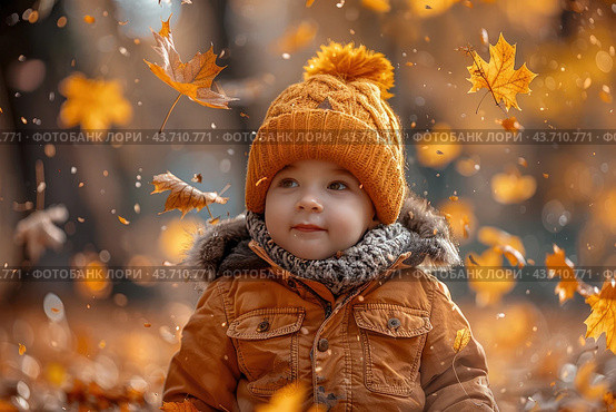 Little boy having fun during stroll in the forest at sunny autumn day. Child playing maple leaves. Baby tossing the leaves up. Active family time on nature. Hiking with little kids. Dry leaves rustle. Стоковое AI-изображение, AI-художник Ирина Михайличенко / Фотобанк Лори