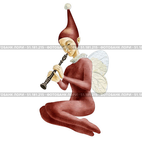Little fairy elf plays the flute, with wings, in whimsical dark-red costume and sitting pose. Watercolor hand-drawn illustration for children books, kids room decoration, or printing on products, etc. Стоковая иллюстрация, иллюстратор Larisa Hamukova / Фотобанк Лори