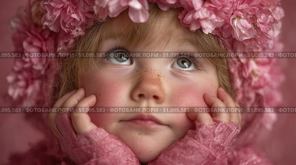 Little girl dressed as a fairy gazes upward with wonder in a whimsical floral setting. Стоковое AI-изображение, AI-художник Ксения Лаптева / Фотобанк Лори
