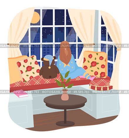 Little girl sitting on couch in living room or bedroom at home. Child waiting parents or looking on city throw window. Interior with sofa, pillows and houseplant for decor. Vector illustration in flat. Girl Sit on Sofa and Wait Parents in Living Room. Стоковая иллюстрация, агентство Ingram Publishing / Фотобанк Лори