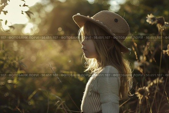 Little girl wearing pith helmet exploring nature at golden hour. Стоковое AI-изображение, AI-художник Иван Рябоконь / Фотобанк Лори
