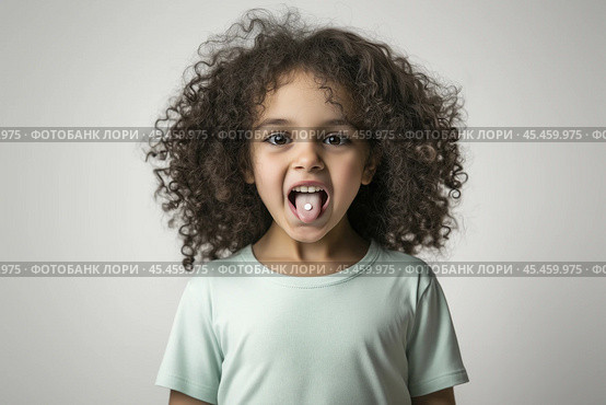 Little girl with a little pill on her tongue. Стоковое AI-изображение, AI-художник Дмитрий Киселёв / Фотобанк Лори
