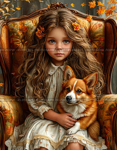 Little girl with a Pembroke Welsh Corgi. Стоковое AI-изображение, AI-художник Сергей Елизарьев / Фотобанк Лори