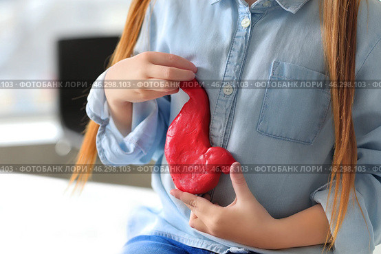 Little girl with model of stomach in gastroenterologist's office, closeup. Стоковое фото, фотограф Pixel_shot / Фотобанк Лори