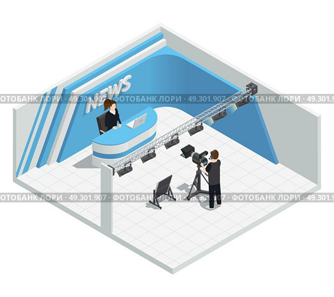 Live News Studio Interior. Isometric interior composition with video tv live news broadcast studio lighting kit camera host cameraman characters vector illustration. Стоковая иллюстрация, агентство Ingram Publishing / Фотобанк Лори