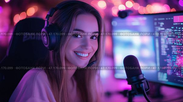 Live streaming session with YouTuber showcasing microphone and vibrant colorful background. Сеанс прямой трансляции с ютубером, демонстрирующим микрофон и яркий красочный фон. Стоковое AI-изображение, AI-художник Katsiaryna Repich / Фотобанк Лори
