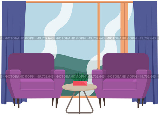 Living room interior with two armchairs next to window with plants on carpet. Modern home decor and decoration. Stylish cozy chair in livingroom interior background concept for arrangement design. Living room interior with two armchairs next to window with plants on carpet. Modern home decor. Стоковая иллюстрация, агентство Ingram Publishing / Фотобанк Лори