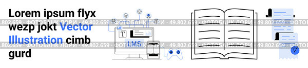 LMS dashboard with multiple devices, open book, and document with checkmark. Ideal for eLearning, online courses, digital libraries, educational content, certification programs, academic websites. LMS Dashboard, Open Book, and Document with Checkmark Icons for Educational Use. Стоковая иллюстрация, агентство Ingram Publishing / Фотобанк Лори