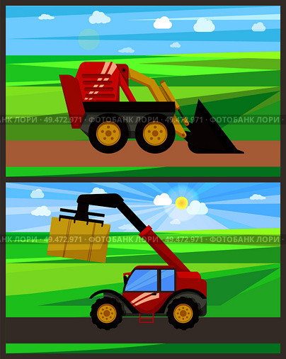 Loader and bale stacker baler vector. Agricultural machinery for farming activities. Cultivation of soils and fields with crops, hay cube on machine. Loader and Bale Stacker Baler Vector Illustration. Стоковая иллюстрация, агентство Ingram Publishing / Фотобанк Лори