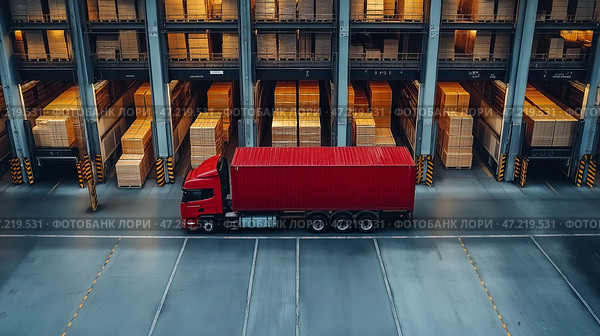 Loading a large cargo truck at a busy distribution center during the day for efficient logistics operations. Загрузка большого грузового автомобиля в загруженном распределительном центре в течение дня для эффективной работы логистики. Стоковое AI-изображение, AI-художник Katsiaryna Repich / Фотобанк Лори
