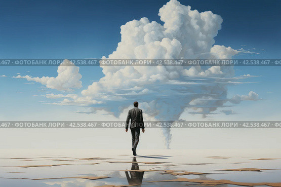 Lofty Man walk over clouds. Generate Ai. Стоковое AI-изображение, AI-художник Иван Рябоконь / Фотобанк Лори