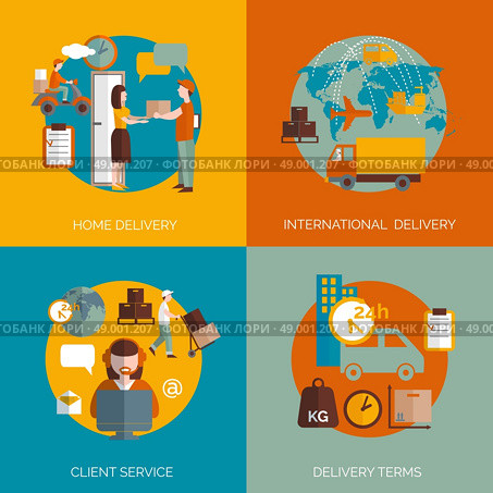 Logistic delivery concept 4 flat icons. International 24h package delivery coordinated logistic clients service terms 4 flat icons composition abstract isolated vector illustration. Стоковая иллюстрация, агентство Ingram Publishing / Фотобанк Лори