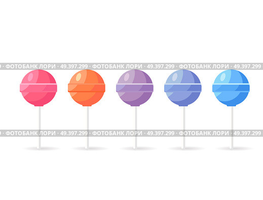 Lollipops candy set isolated on white background. Sweet sugar dessert on stick, lolly bonbons icon vector illustration. Colorful caramels in flat style design. Confectionary treats for children. Lollipops Candy Set Isolated on White Background. Стоковая иллюстрация, агентство Ingram Publishing / Фотобанк Лори