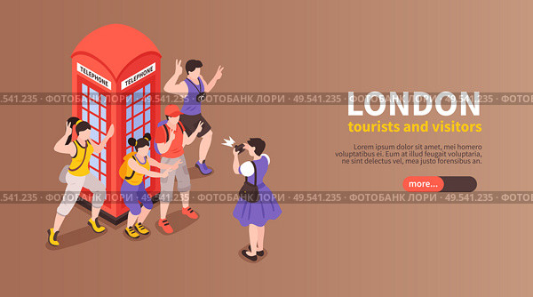 London horizontal banner with tourists and visitors photographed next to red telephone box isometric vector illustration. Стоковая иллюстрация, агентство Ingram Publishing / Фотобанк Лори