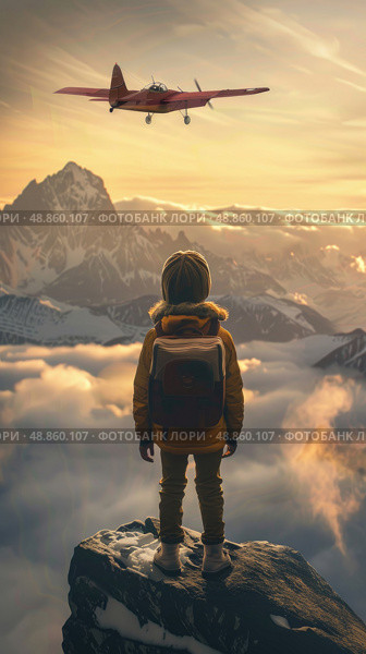 Lone figure stands on mountain peak, looking out at vast expanse of clouds and mountains. Small airplane flies overhead, disappearing into golden light of setting sun. Стоковое AI-изображение, AI-художник Данила Большаков / Фотобанк Лори