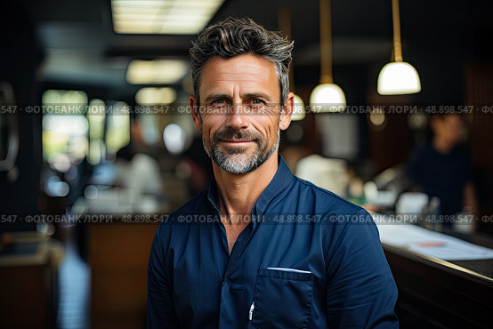 Lone man, dressed in a striking blue shirt, sits contemplatively at a dimly lit bar, immersed in his own thoughts. Стоковое AI-изображение, AI-художник Данила Большаков / Фотобанк Лори