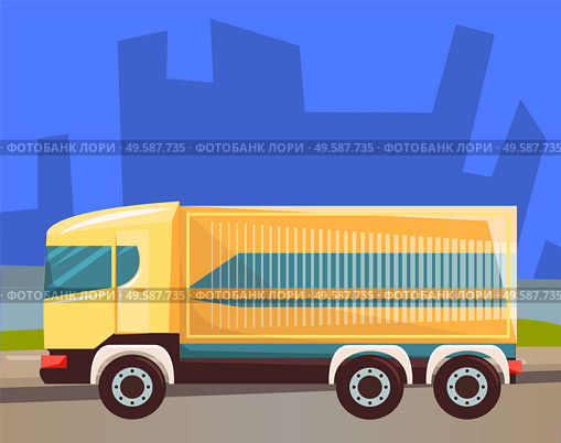 Lorry with compartment for goods or cargo vector, car transporting big items. Cityscape at night, silhouette of skyscrapers, van transport. Automobile service shipping and delivering objects. Delivery and Shipping of Cargo in City, Lorry. Стоковая иллюстрация, агентство Ingram Publishing / Фотобанк Лори