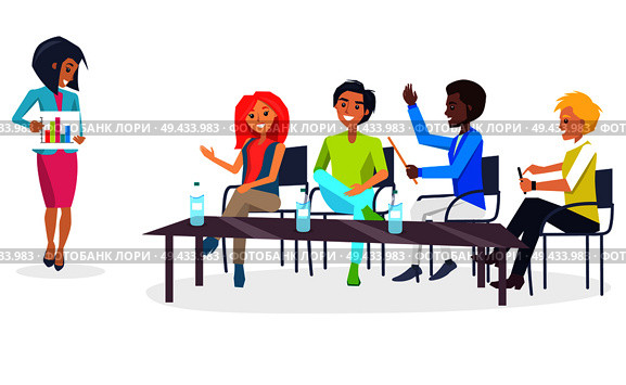 Lot of happy workers poster vector illustration of one standing businesswoman and four sitting at table managers, glass table with three water bottles. Lot of Happy Workers Poster Vector Illustration. Стоковая иллюстрация, агентство Ingram Publishing / Фотобанк Лори