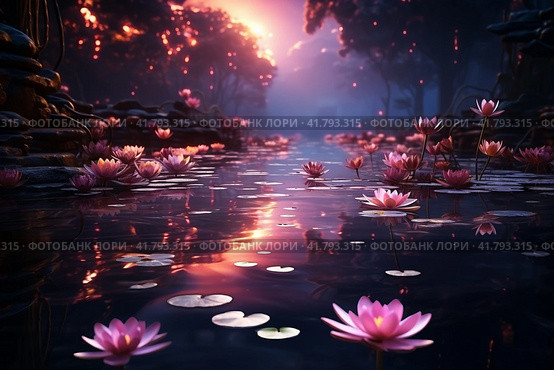 Lotuses on the lake, purple evening sunset light  Generative AI. Стоковое AI-изображение, AI-художник Анна Кривицкая / Фотобанк Лори