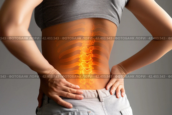 Lumbar intervertebral spine hernia, woman with back pain on a gray background, spinal disc disease, health problems concept, AI Generated. Стоковое AI-изображение, AI-художник Станислав Тарко / Фотобанк Лори