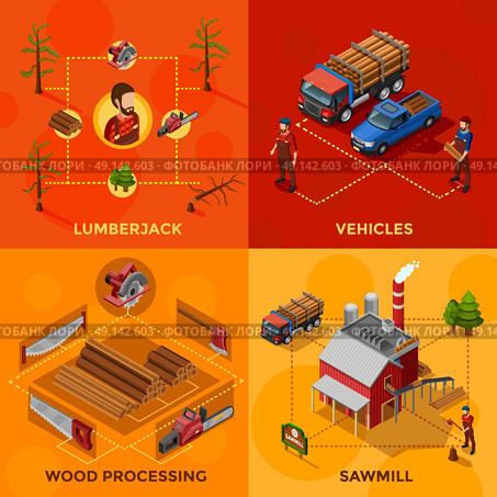 Lumberjack 2x2 Isometric Design Concept. Lumberjack 2x2 isometric design concept set of wood processing and sawmill compositions woodcutter tools and vehicles for lumber transportation icons flat vector illustration  . Стоковая иллюстрация, агентство Ingram Publishing / Фотобанк Лори
