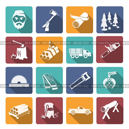 Lumberjack woodcutter flat icons set of carpentry equipment isolated vector illustration. Стоковая иллюстрация, агентство Ingram Publishing / Фотобанк Лори