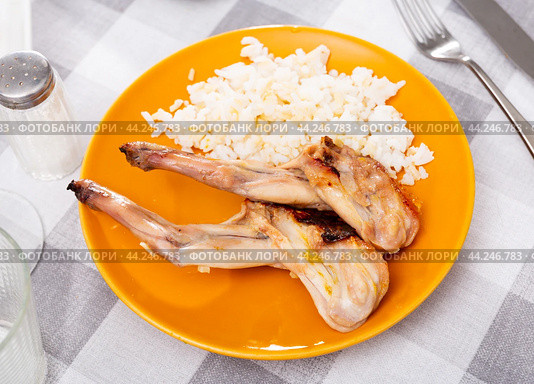 Lunch is served on plate - baked pieces of young rabbit with side dish boiled rice. Стоковое фото, фотограф Яков Филимонов / Фотобанк Лори