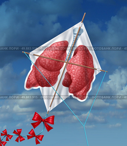 Lungs freedom and clean air quality concept and healthy breathing in a pollution free environment represented by human lungs as a flying kite in a sky background as a symbol of healthful living free from smoking and air toxins. Стоковое фото, агентство Ingram Publishing / Фотобанк Лори