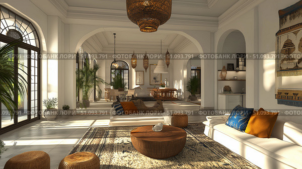 Luxurious bohemian living room with dining area. Стоковое AI-изображение, AI-художник Михаил Коханчиков / Фотобанк Лори