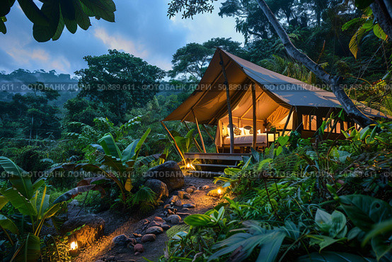 Luxurious glamping tent nestled in lush jungle. Стоковое AI-изображение, AI-художник Иван Рябоконь / Фотобанк Лори