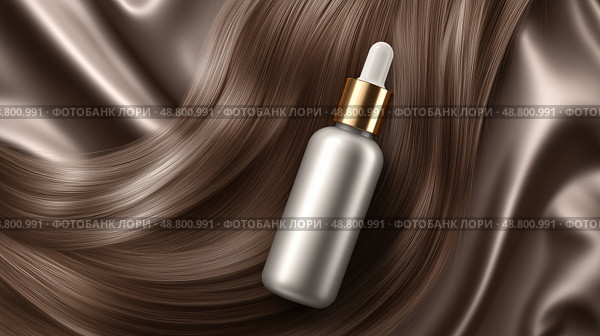 Luxurious hair serum bottle surrounded by swirled hair strands, elegant product mockup. Роскошный флакон сыворотки для волос в окружении закрученных прядей, элегантный макет продукта. Стоковое AI-изображение, AI-художник Katsiaryna Repich / Фотобанк Лори