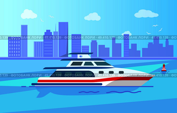 Luxurious yacht with spacious cabin out in sea near big city with high skyscrapers vector illustration. Expensive vessel for short distance trips.. Luxurious Modern Yacht on Water Surface near City. Стоковая иллюстрация, агентство Ingram Publishing / Фотобанк Лори