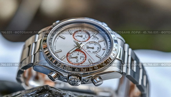 Luxury chronograph watch resting on rock, time and style. Стоковое AI-изображение, AI-художник Юрий Поздников / Фотобанк Лори
