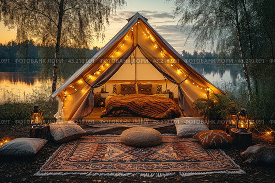 Luxury glamping camping tent with cozy accessories, light garlands and beautiful landscape at sunset. Glamping by night poster. Colorful lights and garlands. Стоковое AI-изображение, AI-художник Ирина Михайличенко / Фотобанк Лори