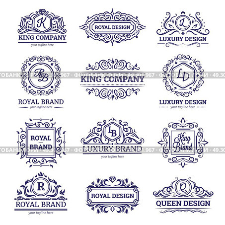 Luxury Labels Monochrome Set . Set of monochrome labels with luxury design including monograms and vignettes crowns and diamonds isolated vector illustration. Стоковая иллюстрация, агентство Ingram Publishing / Фотобанк Лори